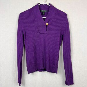 90s Lauren Ralph Lauren Ribbed Pullover Womens S/M Gold Crest Y2K 00s Shawl Neck